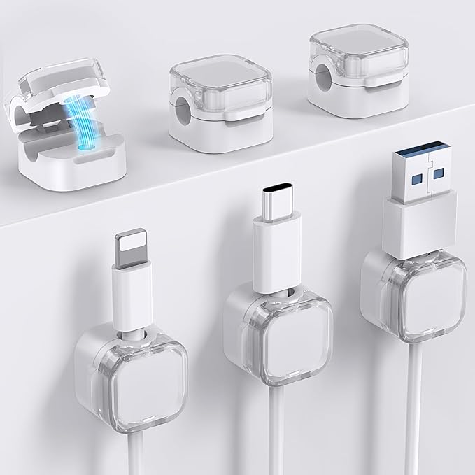 AhaStyle Magnetic Cable Organizer [1s Lock] 6 Pack Cord Holders Clips Strong Adhesive Cord Keeper [Smooth Adjustable] Hide Wire Cord Organizer for Nightstand Kitchen Car Office (White)