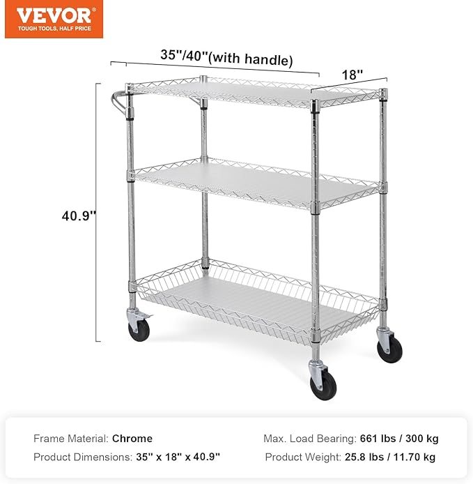 VEVOR Kitchen Utility Cart, 3 Tiers, Wire Rolling Table with 661 LBS Capacity, Steel Service Desk on Wheels, Metal Storage Trolley with 80 mm Deep Basket Curved Handle PP Liner 6 Hooks