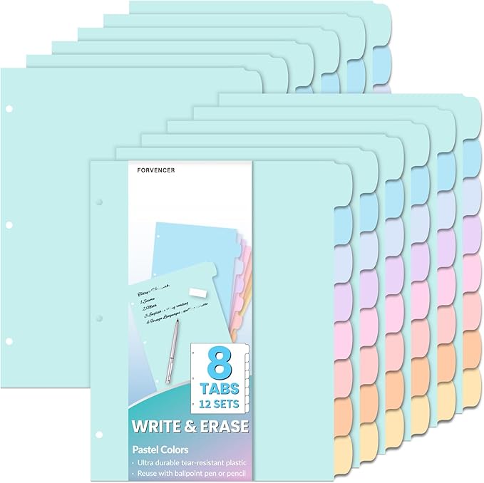 Forvencer 96Pcs/12Set Binder Dividers with Tabs, Big 8 Tabs, Write&Erase Plastic Dividers for 3 Ring Binder, Binder Tabs for Organizer, 3 Ring Binder Dividers with Tabs for School Office Home Supplies