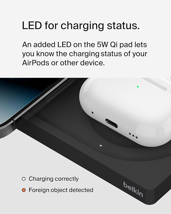 Belkin 2-in-1 Wireless Charging Pad with MagSafe 15W, Fast Charging iPhone Charger - Wireless Charging Station for iPhone 17, 16, 15, and 14 Series, AirPods, and Other MagSafe Enabled Devices - Black