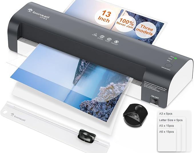 Bonsaii Laminator, 13 Inch 7-in-1 Thermal Laminator Machine with Never Jam Technology, with 40 Laminting Sheets for Home, Office, and Classroom Organization Supplies