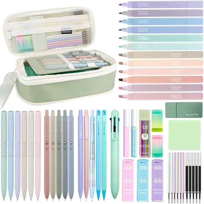 54PCS Aesthetic School Supplies with Large Pencil Case,12 Pastel Highlighters,5 Black & 6 Color Ink Gel Pens, 6-in-1 Ballpoint Pen,5 Mechanical Pencils 0.5-2.0mm Student Essentials (Green)