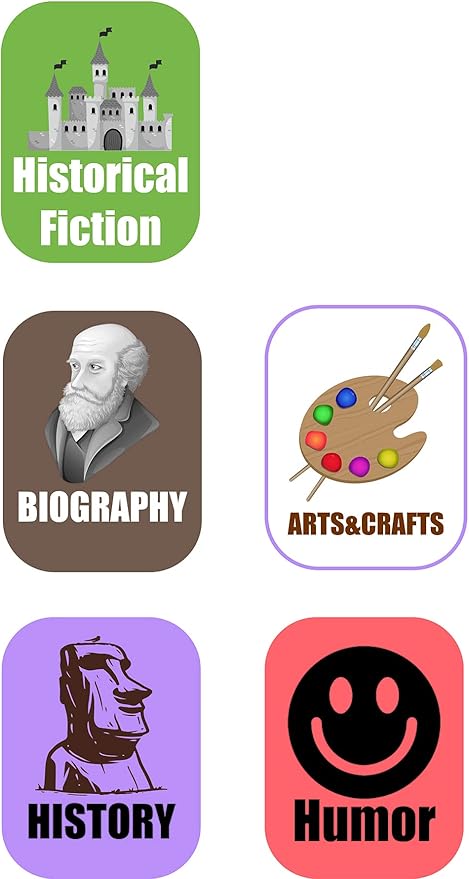 Genre Book Spine Labels for Library | Classroom Library Classification Stickers 450pcs | Arts,Humor,Historical Fiction,Biography,History