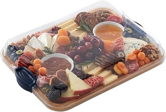 FARBERWARE Build-A-Board Bamboo Cutting Board with Built-in Compartments, Clear Locking Lid & Navy Handles, Ideal for Charcuterie, Snacks & Prep
