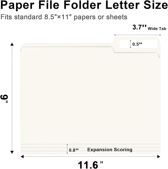 File Folder, RAZCC 150 Pack 1/3 Cut Tab File Folders Letter Size, Folders for Dcouments, Folders with Tab Great for Organizing and Easy File Storage, White