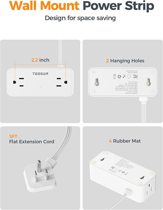 TESSAN 5 FT White Extension Cord, 900J Surge Protector Small Power Strip with 3 USB Ports (1 USB C), Flat Plug Power Strip, Mini Charging Station Suitable for Home Office Dorm