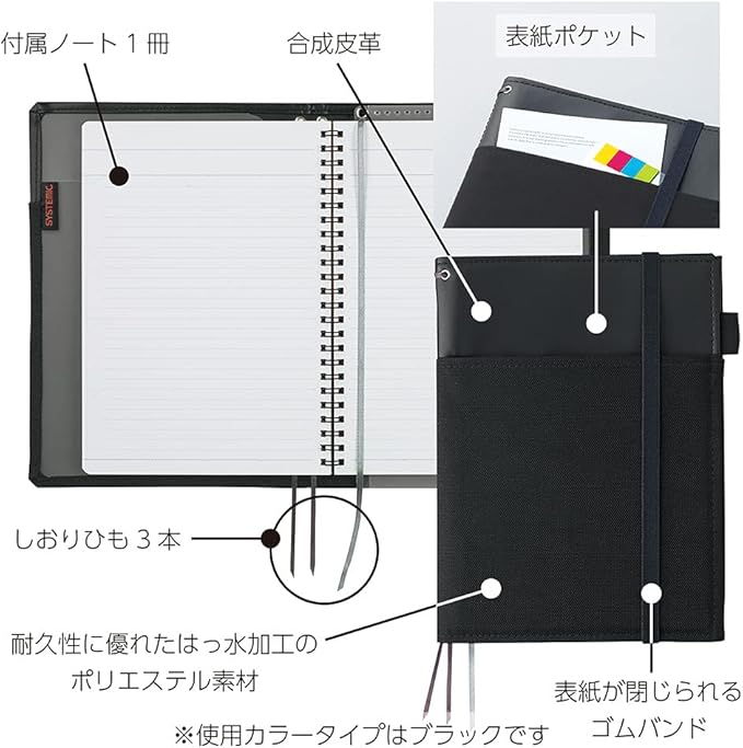 KOKUYO Systemic Synthetic Leather Cover Notebook, with One Semi-B5, B 6mm Ruled, 35 Lines, 40 Sheets, Twin Ring Edge Title Notebook, Black, Japan Import (NO-V683B-D)