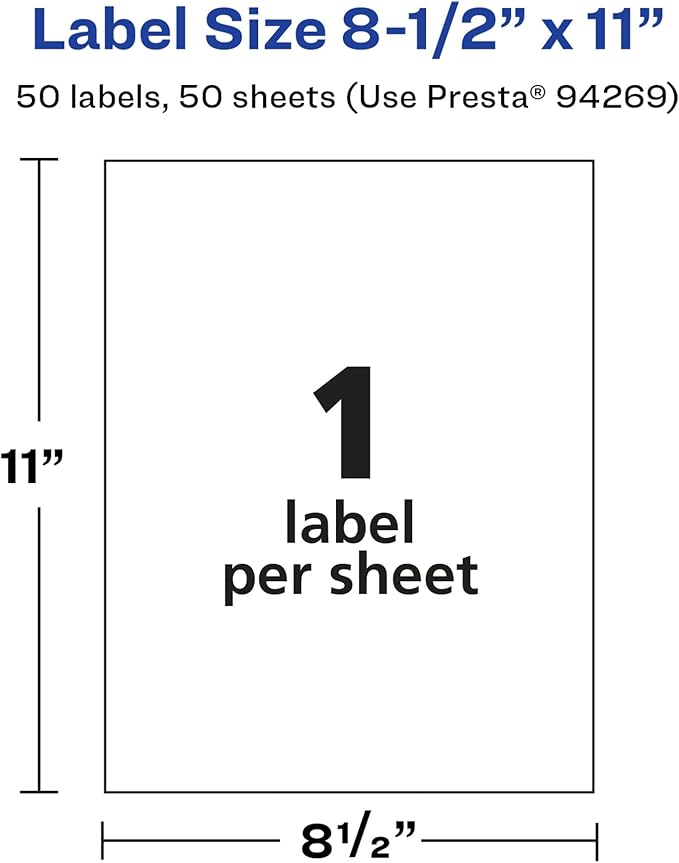 Avery Glossy White Rectangle Labels, 8.5" x 11", 50 Glossy White Labels, Permanent Adhesive, Laser/Inkjet Printable