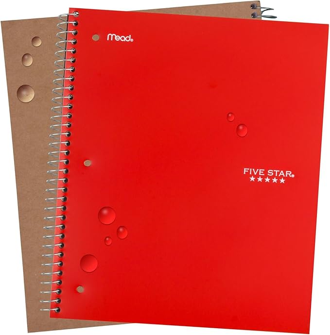 Five Star Spiral Notebook, 5 Subject, Wide Ruled Paper, Fights Ink Bleed, Water Resistant Cover, 8" x 10-1/2", 200 Sheets, Color Will Vary (05206) (Pack of 2)