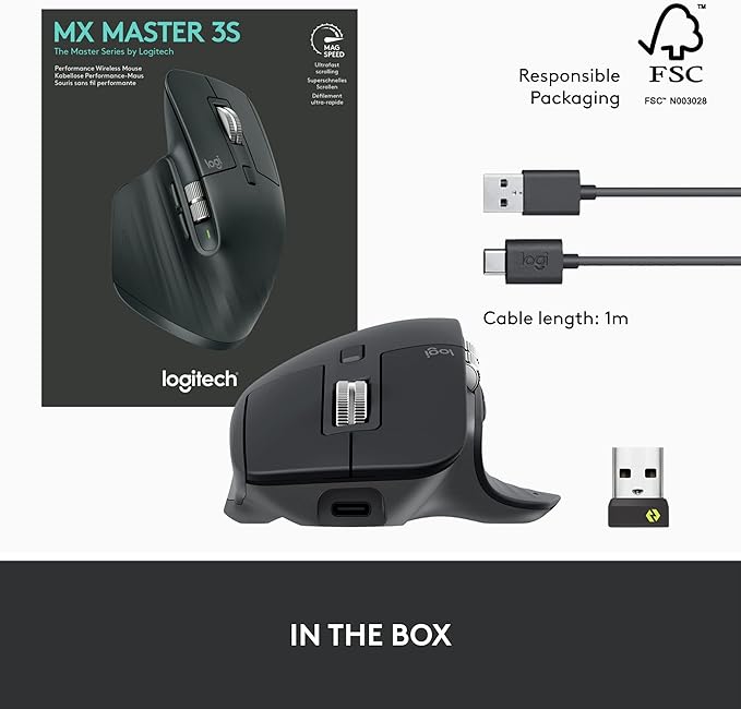 Logitech MX Master 3S Performance Wireless Mouse - Graphite With Bolt Reciever