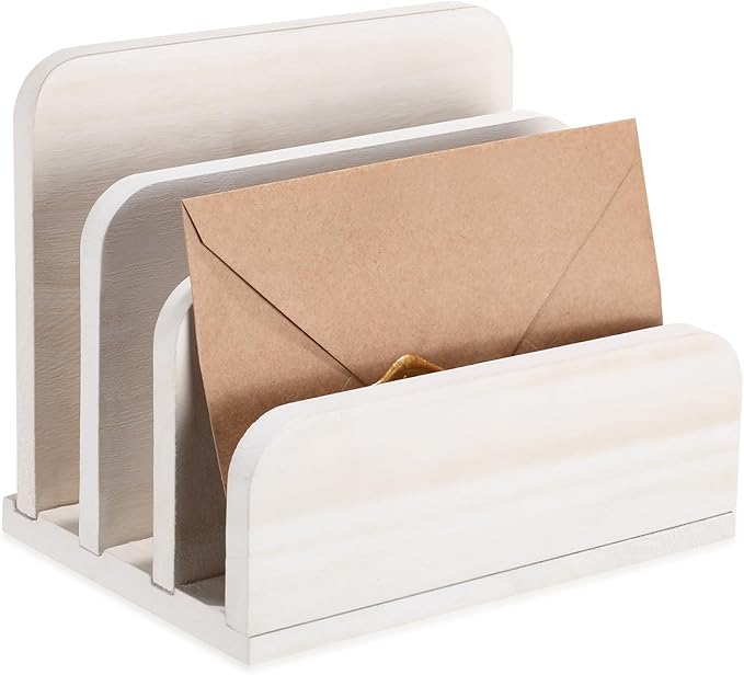 Wooden Mail Holder 3 Slots Mail Organizer for Desk Wood File Paper Letter Sorter for Letter Envelope Filing Cell Phone Document Storage, Organizer Tray for Office and Home (White)