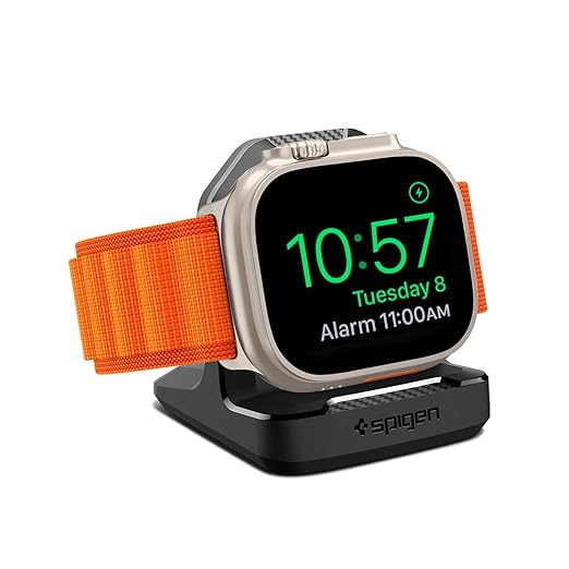 Spigen Rugged Armor Stand Designed for Apple Watch Charger Stand Compatible with Ultra 3/2/1 49mm, Series 11/10 46/42mm, 9/8/7 45/41mm, SE3/SE2/SE/6/5/4 44/40mm with Non-Slip Stable Base - Black