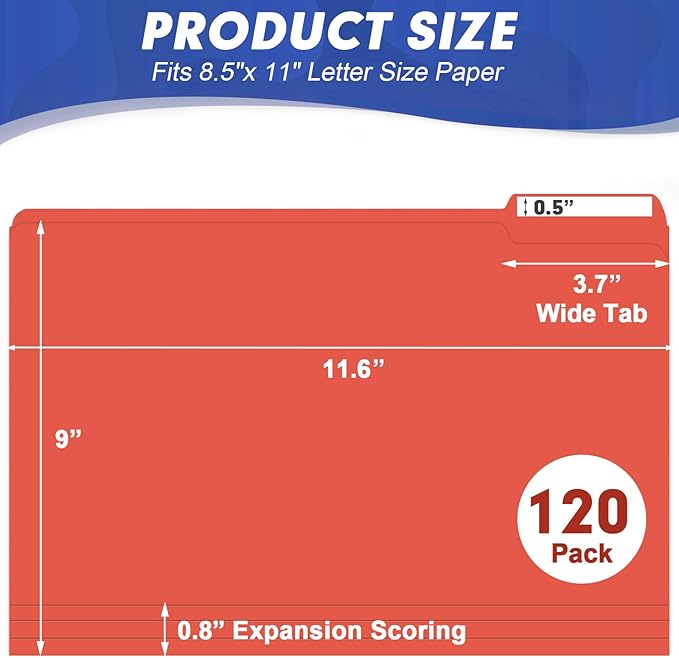 File Folder, HERKKA 120 Pack 1/3 Cut Tab File Folders, File Folders Great for Organizing and Filing, Letter Size, Red