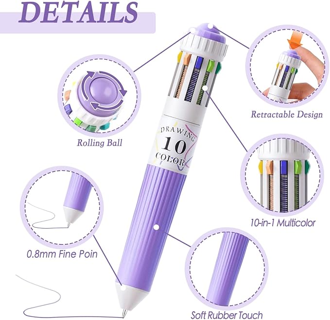 60 Colors Multicolor Pen in one, 6Pcs 10-in-1 Retractable Colored Ballpoint Pens for Office, Back to School Supplies