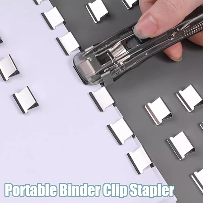 Portable Binder Clip Stapler, Includes 100 Reusable Clips, Handheld Paper Clam Clip Dispenser Large Size, Mini Push Stapler Clamp Staplers for Desktop Document Home School Desk Office(Blue*2)