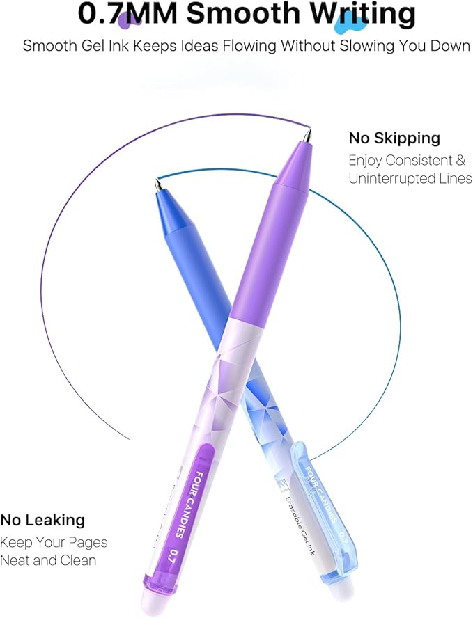 Four Candies 0.7mm Erasable Gel Pens, Make Mistakes Disappear Colored Pens, 18 Colors Retractable Fine Point Erasable Pens for Writing, Drawing, Planner & School Supplies