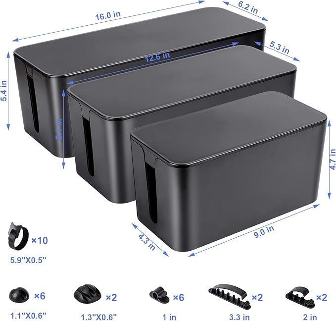 Cable Organizer Box Set of Three, Power Cover Cord Holder Surge Protector for Desk (Black)