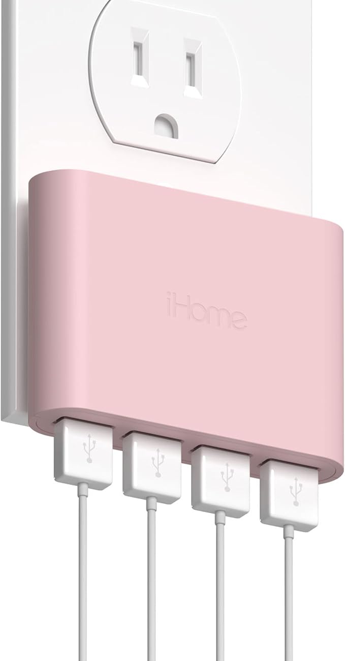 iHome Slim 4-Port USB Wall Charger, AC Pro Multiport Plug Adapter, Phone Charging Block with 4 Ports, Flat USB Wall Adapter for Home & Travel