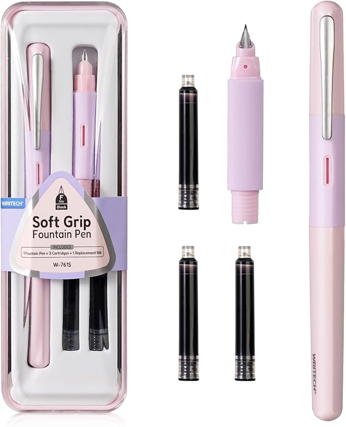 WRITECH Fountain Pen Soft Grip: Fine Nib Black Ink Pen with 3 Ink Cartridges and 1 Replacement Nib Set Smooth Writing for Journaling Calligraphy Gift (Pink)