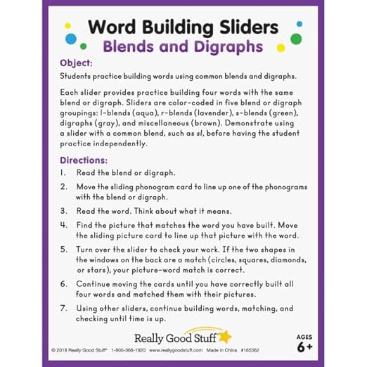Really Good Stuff Word Building Sliders - Blends and Digraphs - Set of 27 l Phonics l ELA Learning Essentials l Gr 1-2
