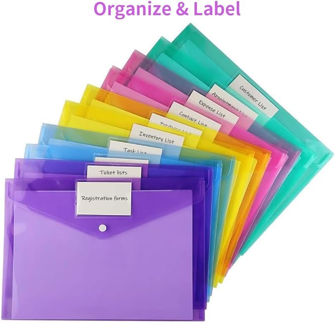 Sooez 20 Pack Folders Plastic Envelopes, Clear Plastic File Folder for Document, Letter A4 Size Poly File Envelopes with Label Pocket, Snap Button for Home Work Office Organizer, 5 Colors