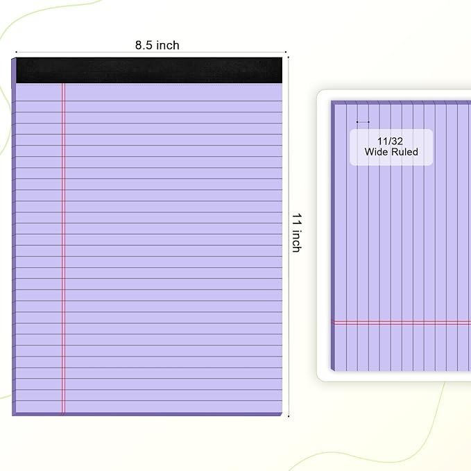 Purple Legal Pad Note Pads 8.5 x 11 inch, Wide Ruled, 30 Sheets/Pad, 20lb Colored Paper, Perforated Notepad with Sturdy Back (3 Pads Purple)