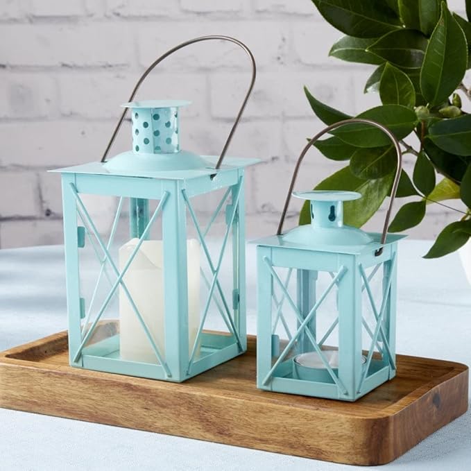 Kate Aspen Medium Decorative Lanterns - Set of 2 - Luminous Blue Metal Lantern Tealight Candle Holders Centerpieces for Wedding, Home Decor and Party - 6.3" H (8.9" H with Handle)