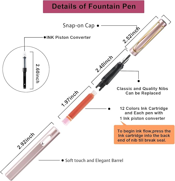 Calligraphy Pen set,Fountain Pens with 8 Different Replaceable Nibs with 60 Ink Cartridges(12 Colors),Calligraphy set for Beginner Writing Drawing.