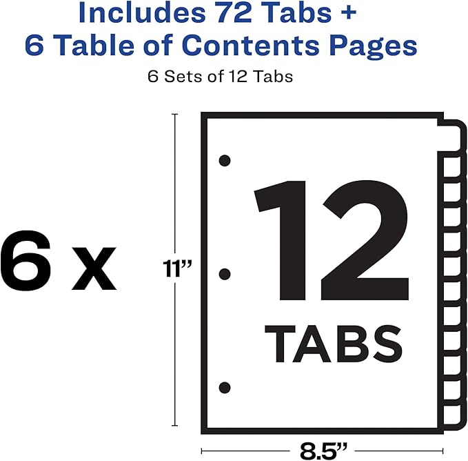 Avery 12 Tab Dividers for 3 Ring Binders, Customizable Table of Contents, Multicolor Tabs, 6 Sets (11196)