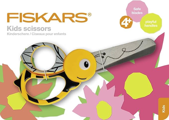 Fiskars Children's Animal Scissors with Bee Motif, From 4 years, length: 13 cm, For right and left handers, Stainless steel blade/plastic handles, Yellow, 1003747