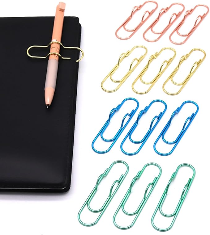 12-Pack Pen Holder Clips for Notebook, Journal, and Book, Ideal for Students, Professionals, and Teachers, Pen Loop Holder for Office and School Use (3 Gold, 3 Rose Gold, 3 Blue, 3 Green)