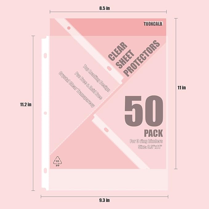 50 Pack Clear Sheet Protectors for 3 Ring Binder, Polypropylene Acid-Free Material, 8.5 x 11 Inch Letter Size, Protector of Your Documents
