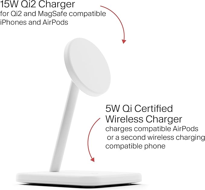 Twelve South HiRise 2 Deluxe 2-in-1 Wireless Charging Station for Apple Devices - Qi2 MagSafe Charger, Fast Wireless Charger Stand for iPhone 15 14 13 12 Pro & Max Series, AirPods Pro/3/2, White