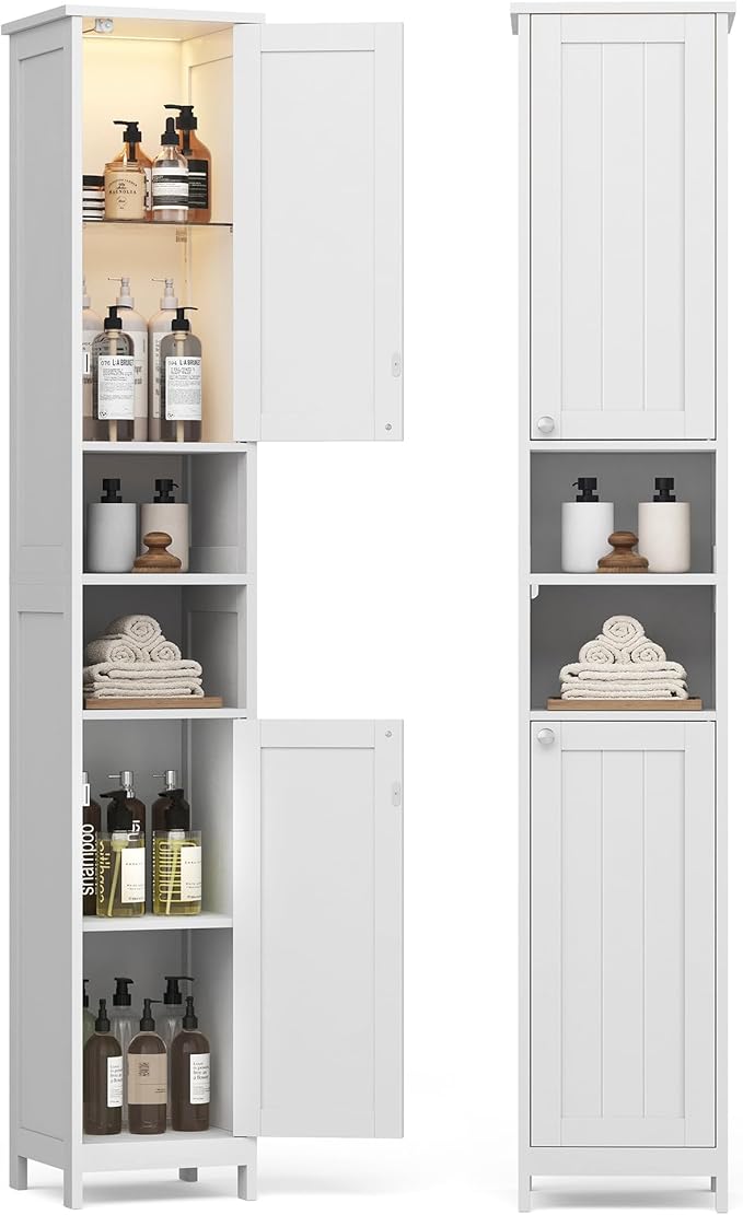 VASAGLE Tall Storage Cabinet with Lights, Slim Freestanding Cabinet with Adjustable Shelves, for Small Spaces, Bathroom, Living Room, Modern, 11.8 Inches Wide, Cloud White UBBC566W02