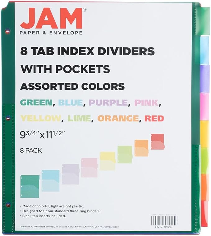 JAM PAPER Plastic Index 8-Tab Dividers w/Double Pockets - 9 3/4 x 11 1/2 - Assorted Multi-Color - 2 Packs of 8 Tabs/Set