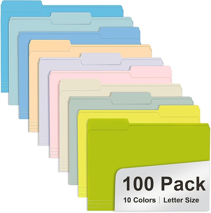 File Folder, RAZCC 100 Pack Colored File Folders, 1/3 Cut Tab File Folder Letter Size, Filing Folders with Tabs for Office School Business Use, Assorted 10 Colors