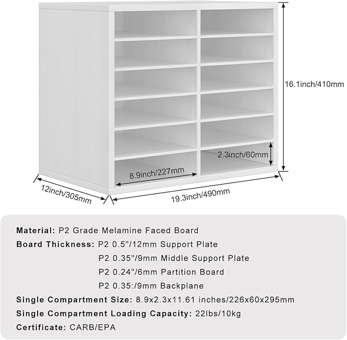 PAG Countertop Mail Sorter Organizer, Wooden Literature Organizer, Student Mailbox for Classroom, Desktop Bill Organizer for Office Home School, 12 Compartments, White
