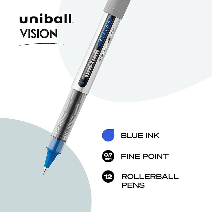 uni-ball uniball Vision Rollerball Pens with 0.7mm Fine Point, Blue, 12 Count