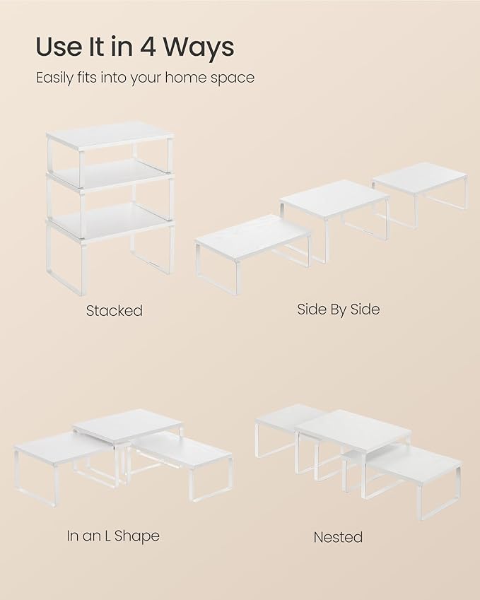 SONGMICS Cabinet Organizer Shelf, Set of 3 Kitchen Counter Shelves, Kitchen Storage, Spice Rack, Stackable, Expandable, Snow White and Matte White UKCS220W01