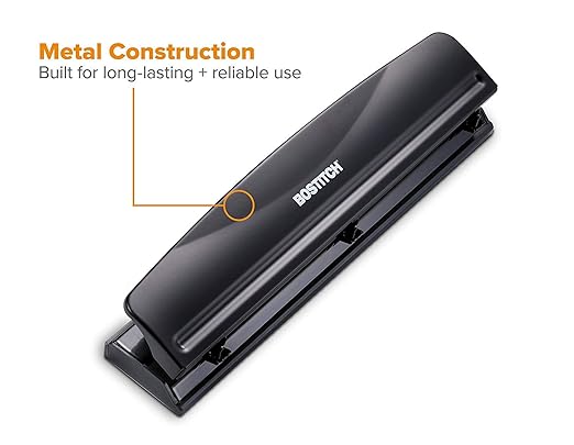 Bostitch Office 3 Hole Punch, Durable Metal,Rubber Base, 12 Sheets, Black