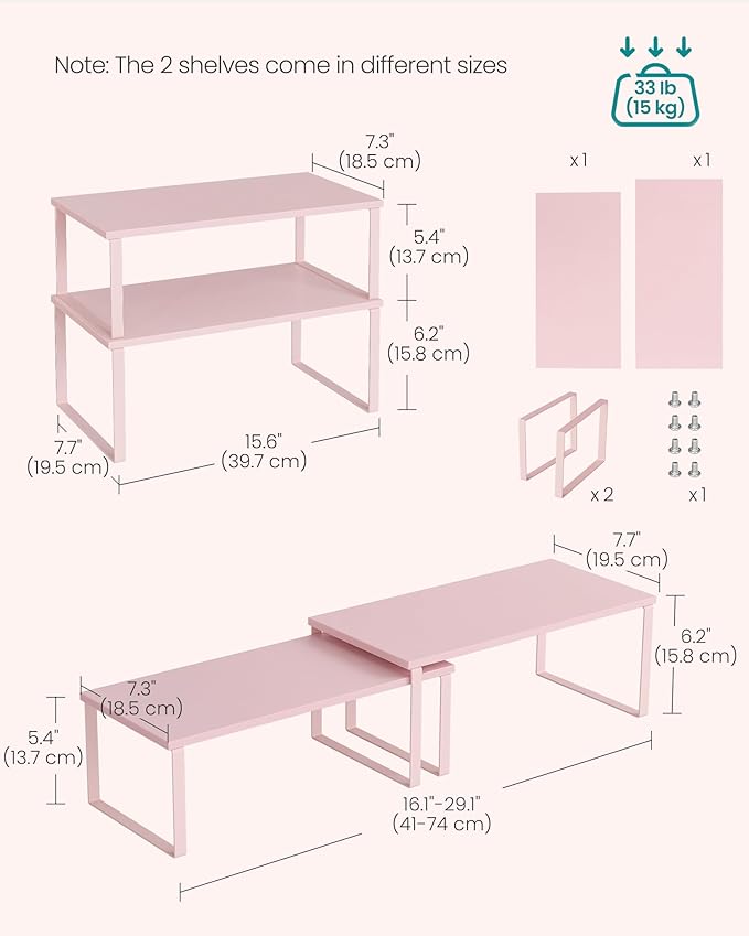SONGMICS Cabinet Organizer Shelf, Set of 2 Kitchen Counter Shelves, Kitchen Storage, Spice Rack, Stackable, Expandable, Metal and Engineered Wood, Jelly Pink UKCS025S01