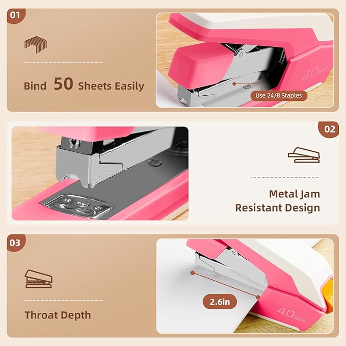 Deli Effortless Desktop Stapler, Heavy Duty Stapler, 40-50 Sheet Capacity, One Finger, No Effort, Includes 1500 Staples & Staple Remover, Rose