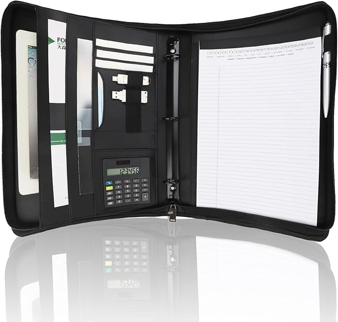 Business Portfolio with Zipper 3 Ring Binder Organizer - PU Leather Folder Padfolio Document Organizer with Solar Calculator,Writing Pad