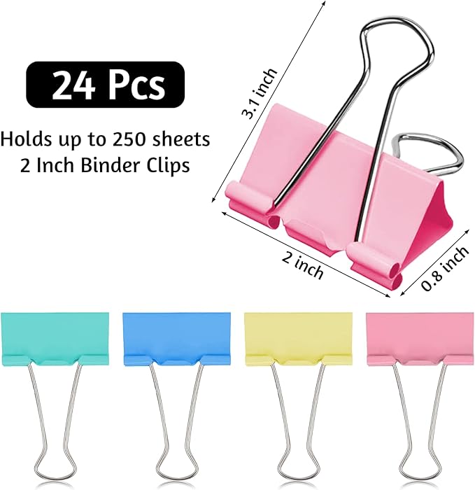 2 Inch Extra Large Binder Clips (24 Pack), Assorted Colors, Colored Jumbo Paper Clips, Big Paper Clamps, Binder Clips Large Size for Home, School and Office Supplies