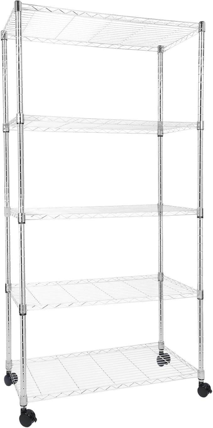 Whitmor 5 Tier Storage Shelves, Heavy Duty with Wheels, Adjustable Steel Organizer, 400 lbs Capacity per Shelf, Max 2000 lbs Total for Home, Garage, Workshop, 36" L x 18" W x 71" H, Chrome