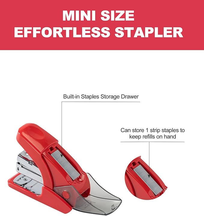 PAPERPAL Effortless Mini Stapler Set, 20 Sheet Capacity, Integrated Remover & Staple Storage, Holds 1/4" Staples, Includes 1000 Staples, Lightweight, Office, School & Daily Use, Red