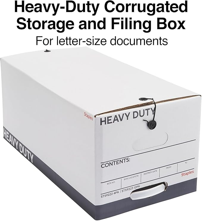 STAPLES Storage & Filing Box, Heavy-Duty with Handles & String-Button Lid, Letter Size Documents, Stackable, 4-Pack, White/Gray