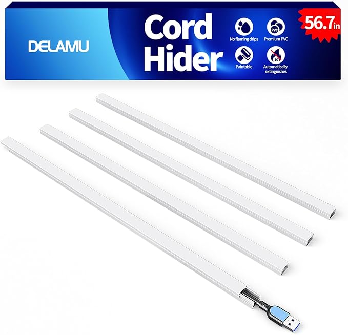 Delamu 56.7in Cord Hider, Cord Covers for Mini Wire on Wall, Paintable Cable Hider Wire Covers for Cords, Self-Adhesive Cable Cover Management, Easy Set-up Wires Hiders for TV, W0.55 H0.4in, White