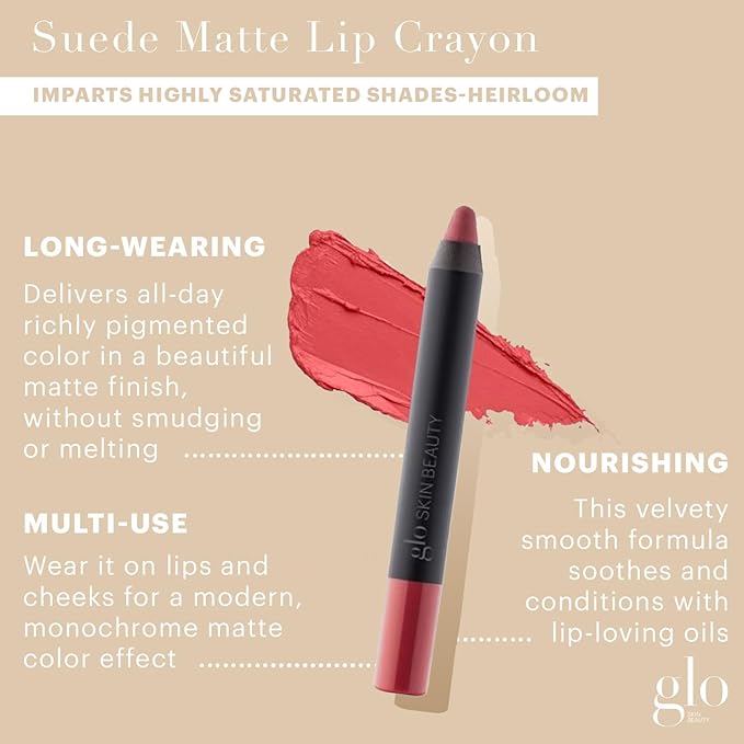 Glo Skin Beauty Suede Matte Lip Crayon (Heirloom) - Longwearing Formula Stays On All Day, With Conditioning Shea Butter + Mango Seed Oil for a Velvety Smooth Finish