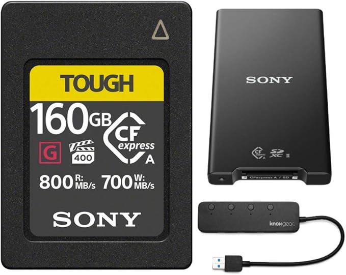 Sony CFexpress Type A 160GB Memory Card with Sony MRWG2 CFexpress Type A/SD Memory Card Reader and Knox Gear 4 Port USB 3.0 Hub Bundle (3 Items)